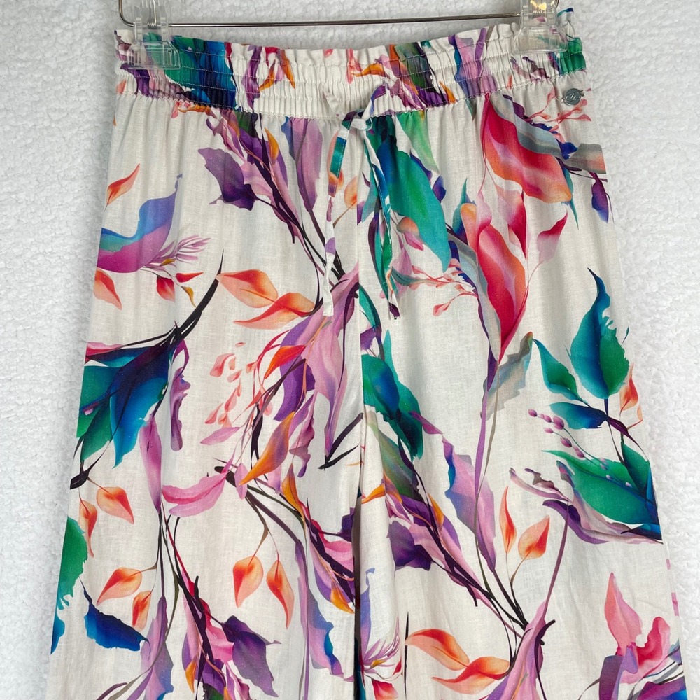 CALIA Womens XS Tropical Floral Linen Blend Wide Leg Drawstring Pants Multicolor